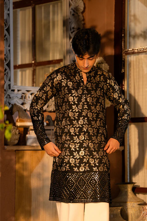 Traditional Black Men's Kurta with Rich Gold Embroidery