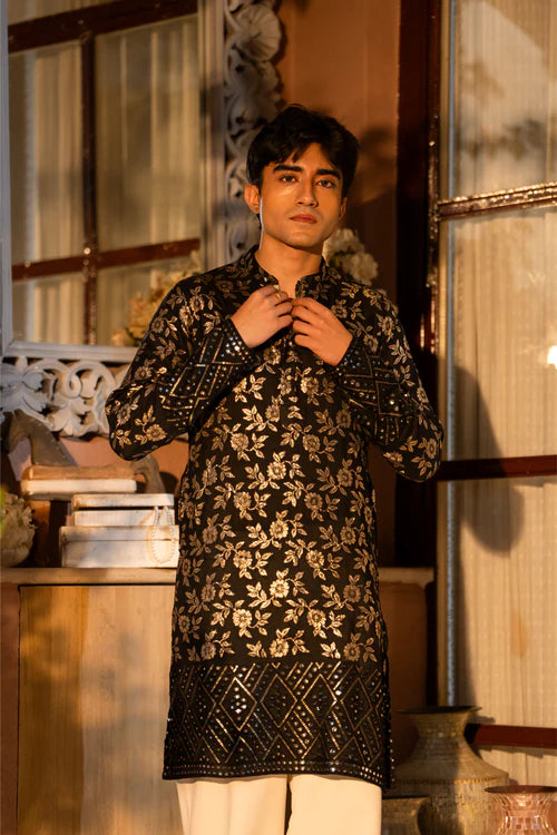 Traditional Black Men's Kurta with Rich Gold Embroidery
