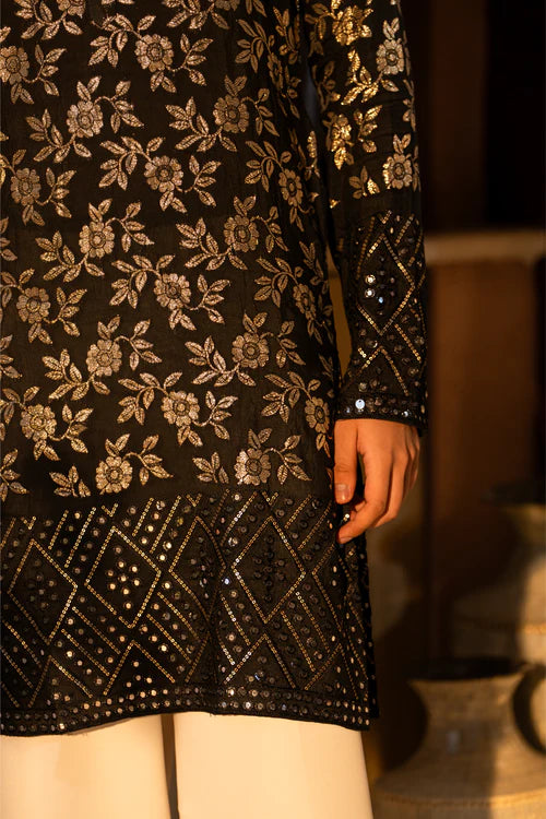 Traditional Black Men's Kurta with Rich Gold Embroidery