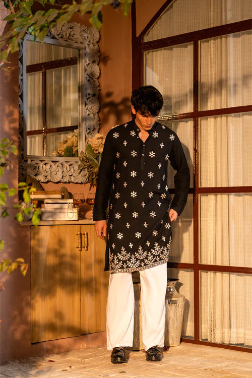 Premium Black Men's Kurta with Mirror Embroidery Detail