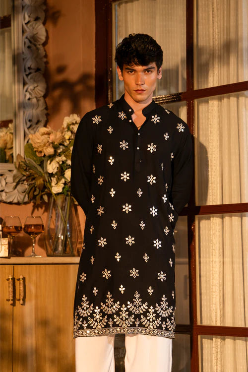 Premium Black Men's Kurta with Mirror Embroidery Detail