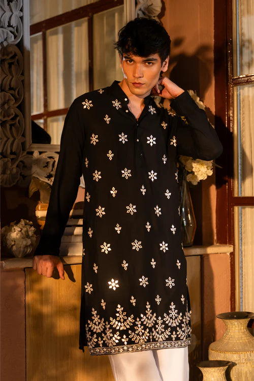 Premium Black Men's Kurta with Mirror Embroidery Detail