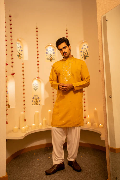 Mustard Yellow Embroidered Luxury Men’s Kurta