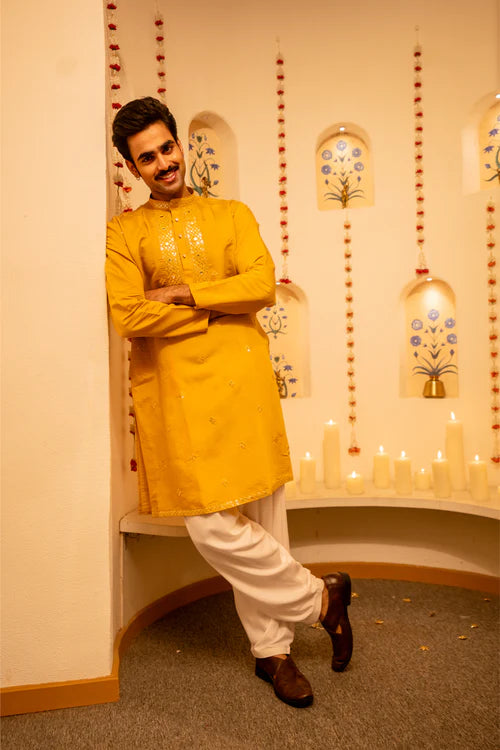 Mustard Yellow Embroidered Luxury Men’s Kurta
