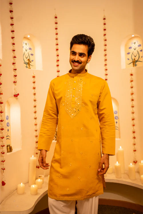 Mustard Yellow Embroidered Luxury Men’s Kurta