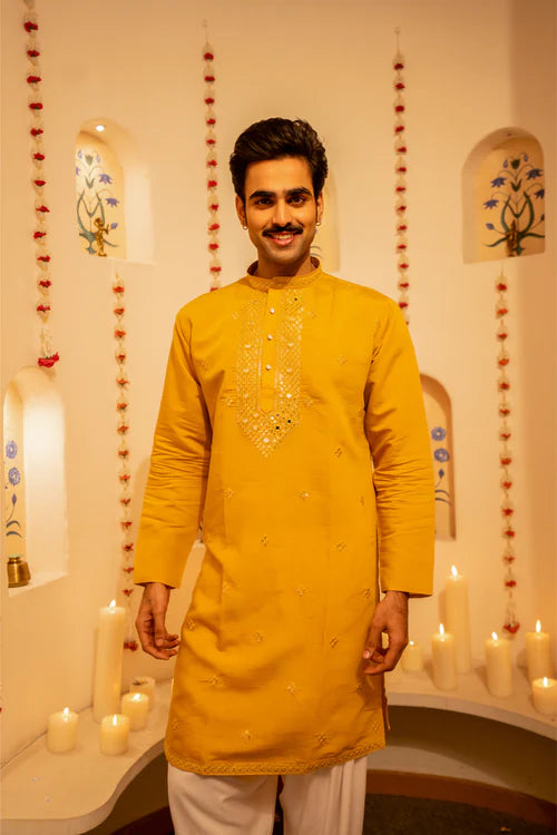 Mustard Yellow Embroidered Luxury Men’s Kurta