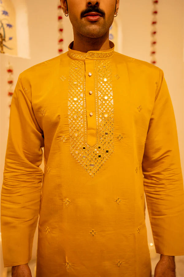 Mustard Yellow Embroidered Luxury Men’s Kurta