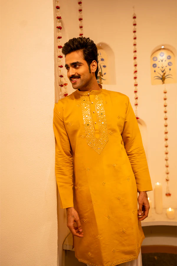 Mustard Yellow Embroidered Luxury Men’s Kurta