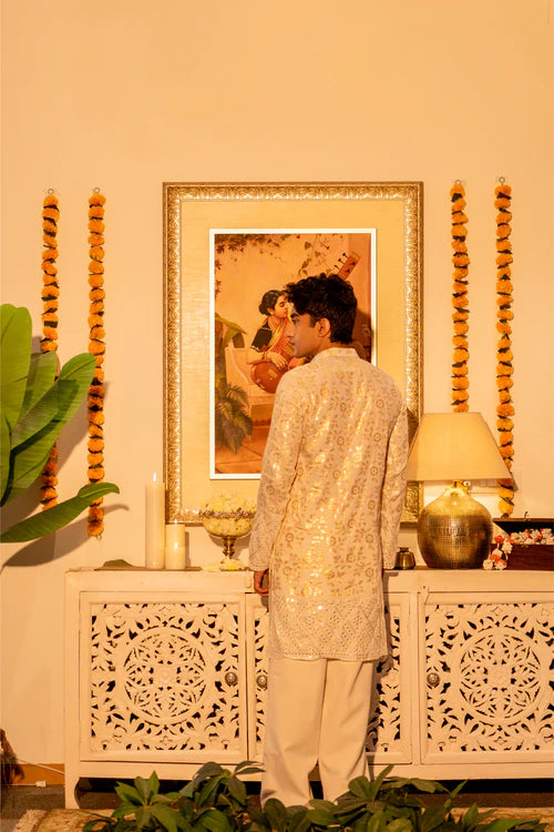 Traditional Ivory Kurta with Floral Embroidery - Luxury