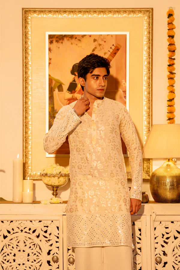 Traditional Ivory Kurta with Floral Embroidery - Luxury