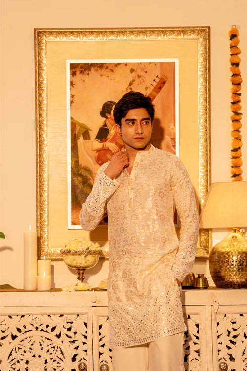 Traditional Ivory Kurta with Floral Embroidery - Luxury