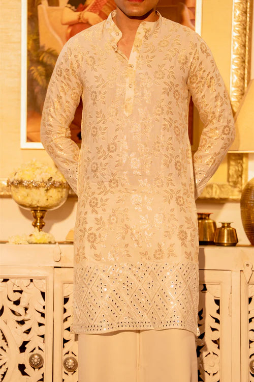 Traditional Ivory Kurta with Floral Embroidery - Luxury